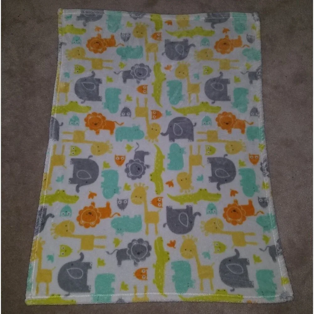 Baby Starters Safari Blanket Elephant Lion Giraffe Hippo Owl Yellow Orange Gray